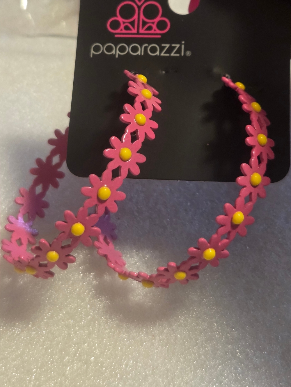 Paparazzi Pink Daisy Hoop Earrings with Yellow Centers